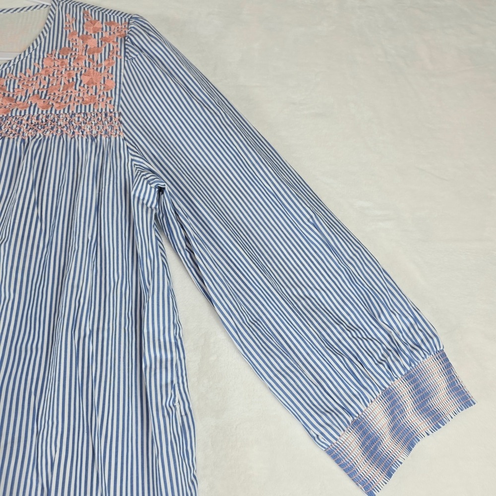 J Crew Embroidered Popover Blue White Striped‎ Tiered Above Knee Dress Sz Small - Picture 6 of 15